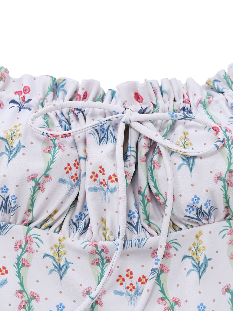 [Prévente] Maillot de bain volants fleurs carré blanc 1970s