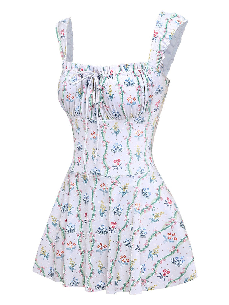 [Prévente] Maillot de bain volants fleurs carré blanc 1970s