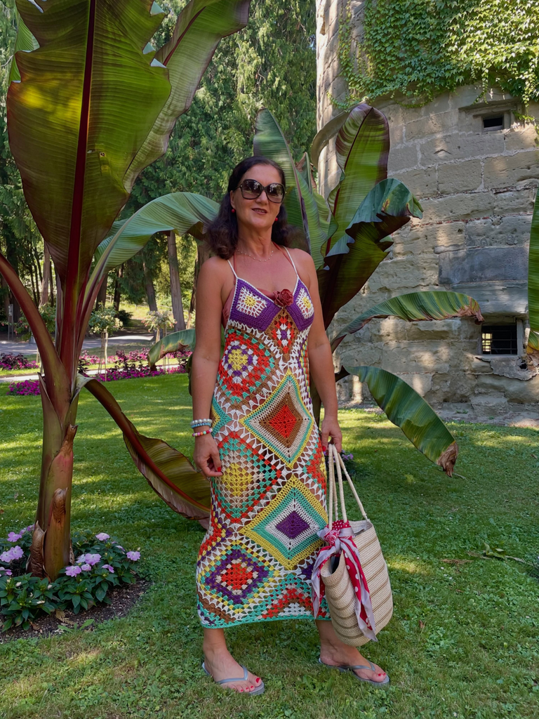 Robe paréo crochet main imprimé irrégulier bohème 1980s