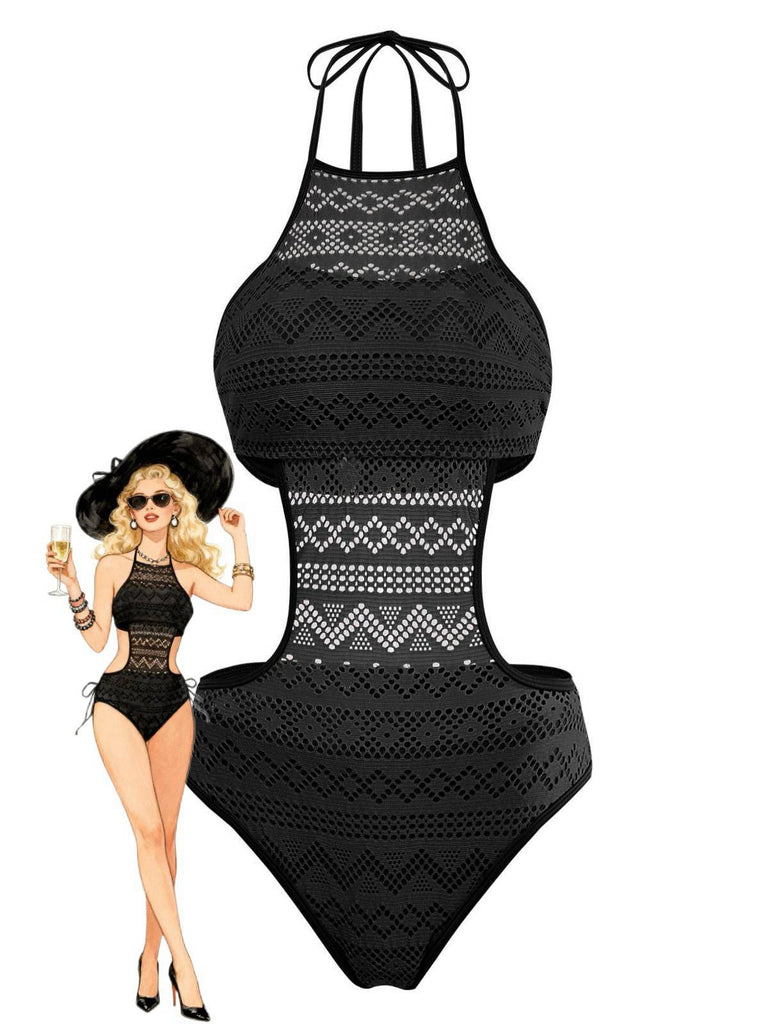 Maillot de bain une pièce uni licou découpé 1950s