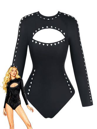 Maillot de Bain Manches Longues Ajouré Uni Noir années 50