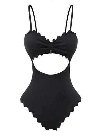 Maillot de Bain 1 Pièce Texturé Ajouré Bordure Festonnée Noir Années 50