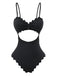 Maillot de Bain 1 Pièce Texturé Ajouré Bordure Festonnée Noir Années 50