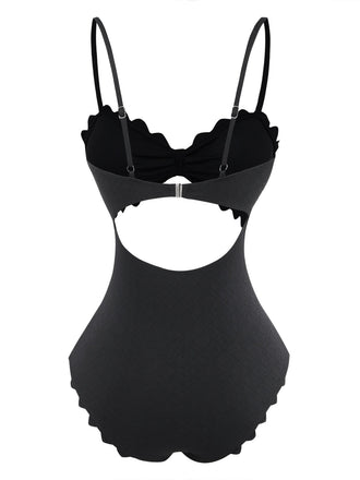 Maillot de Bain 1 Pièce Texturé Ajouré Bordure Festonnée Noir Années 50