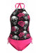 Rose Pêche Crâne Rose Imprimé Ensemble Tankini Années 1980