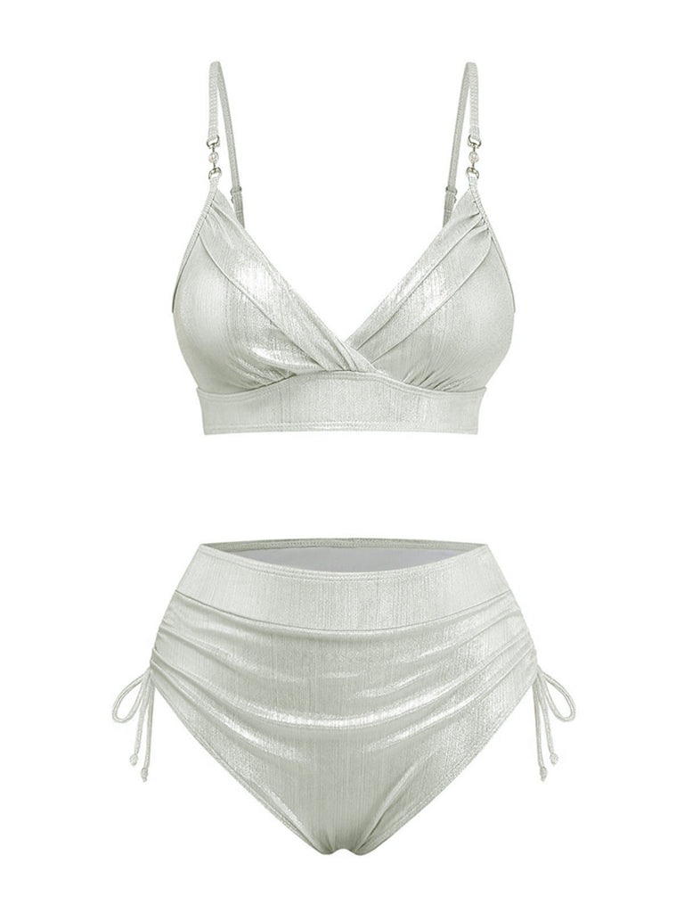 Ensemble bikini taille haute métallisé paillettes années 1970