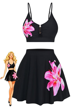 Set Tankini Noir à Fleurs avec Boucle en Métal Années '40
