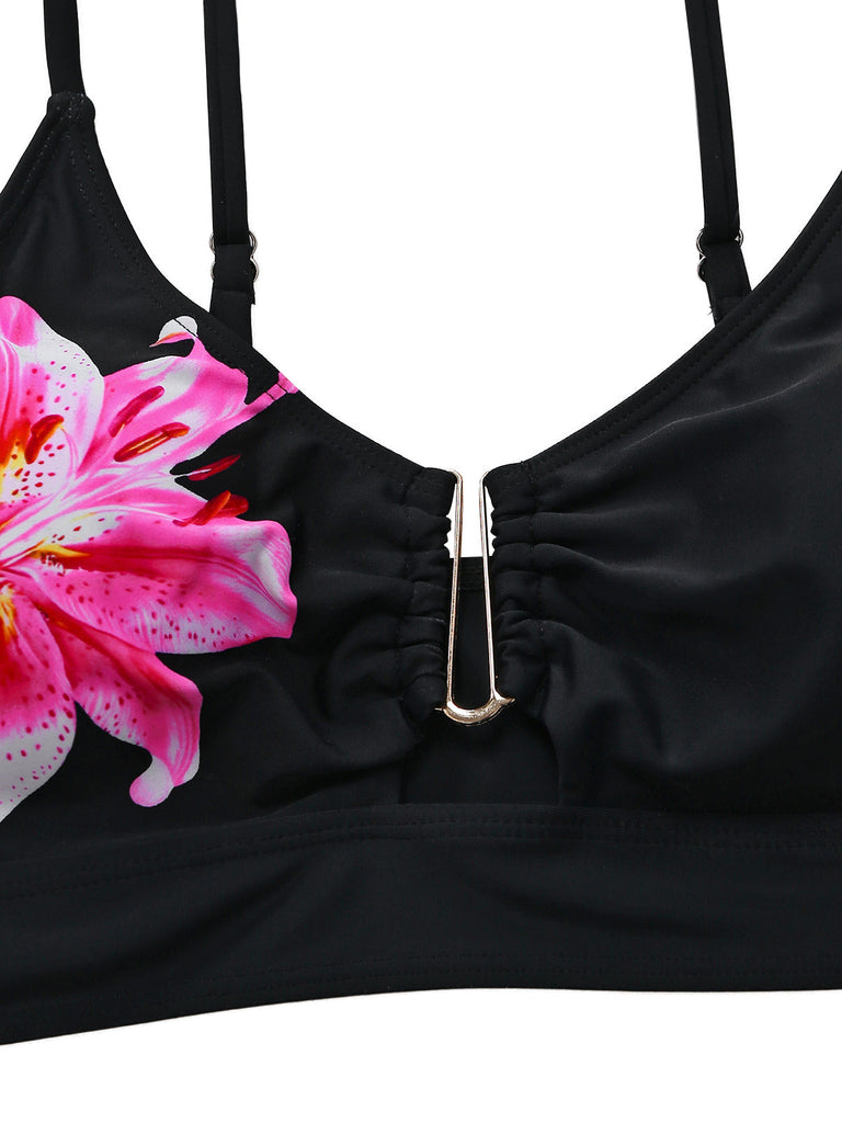 Set Tankini Noir à Fleurs avec Boucle en Métal Années '40 4