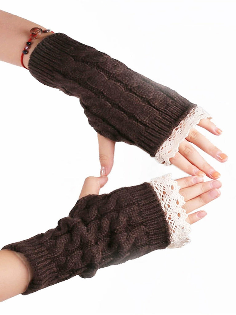Gants sans doigts en tricot torsadé patchwork de dentelle vintage