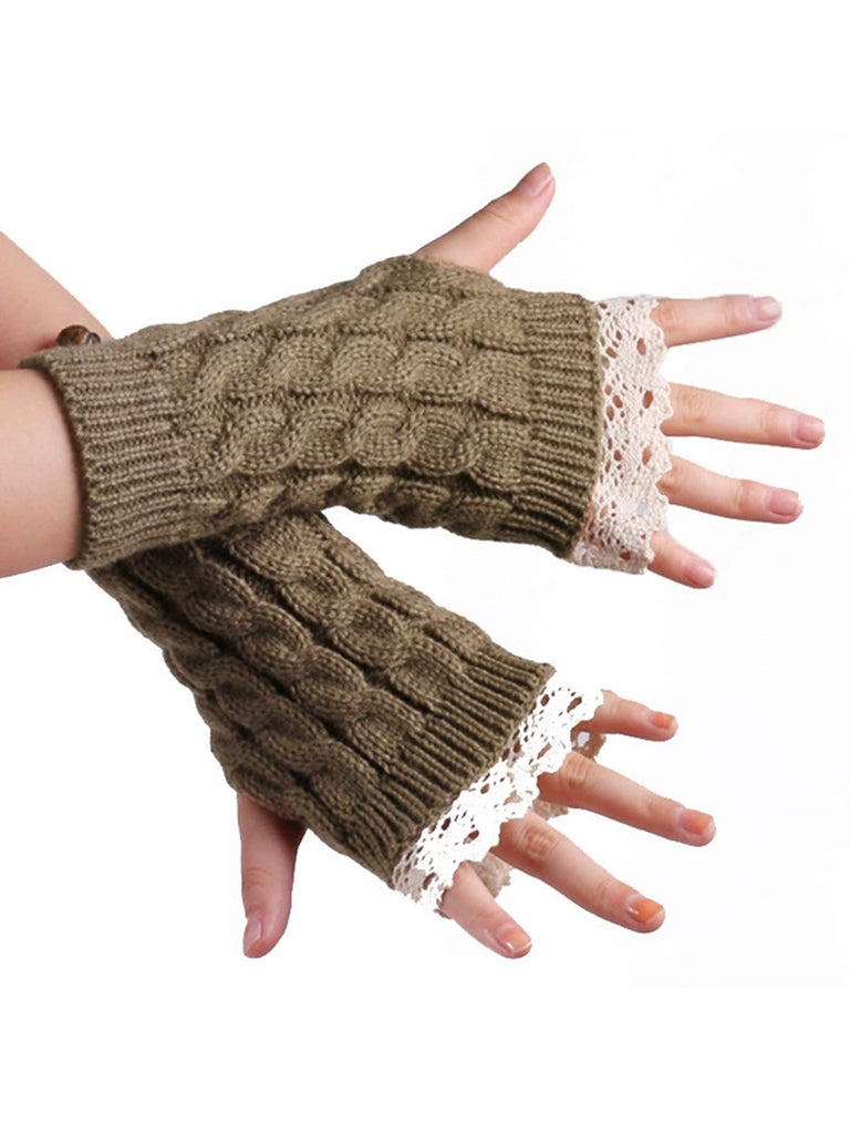 Gants sans doigts en tricot torsadé patchwork de dentelle vintage