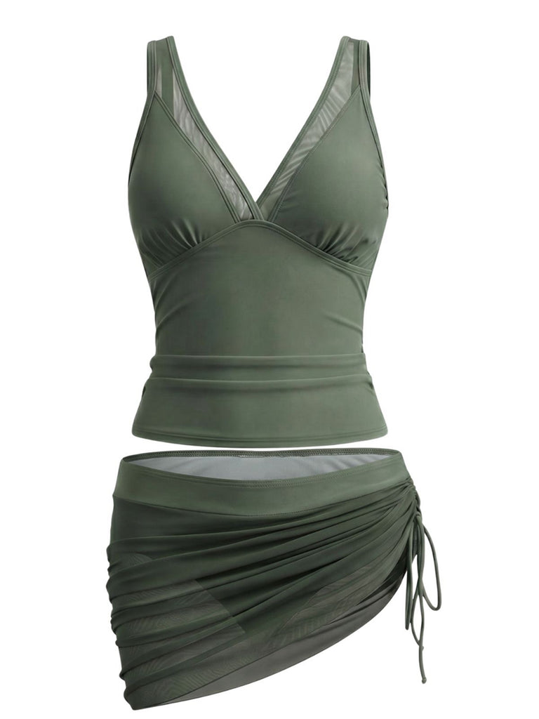 2PCS Ensemble tankini maille unie col V et jupe froncée années 1960