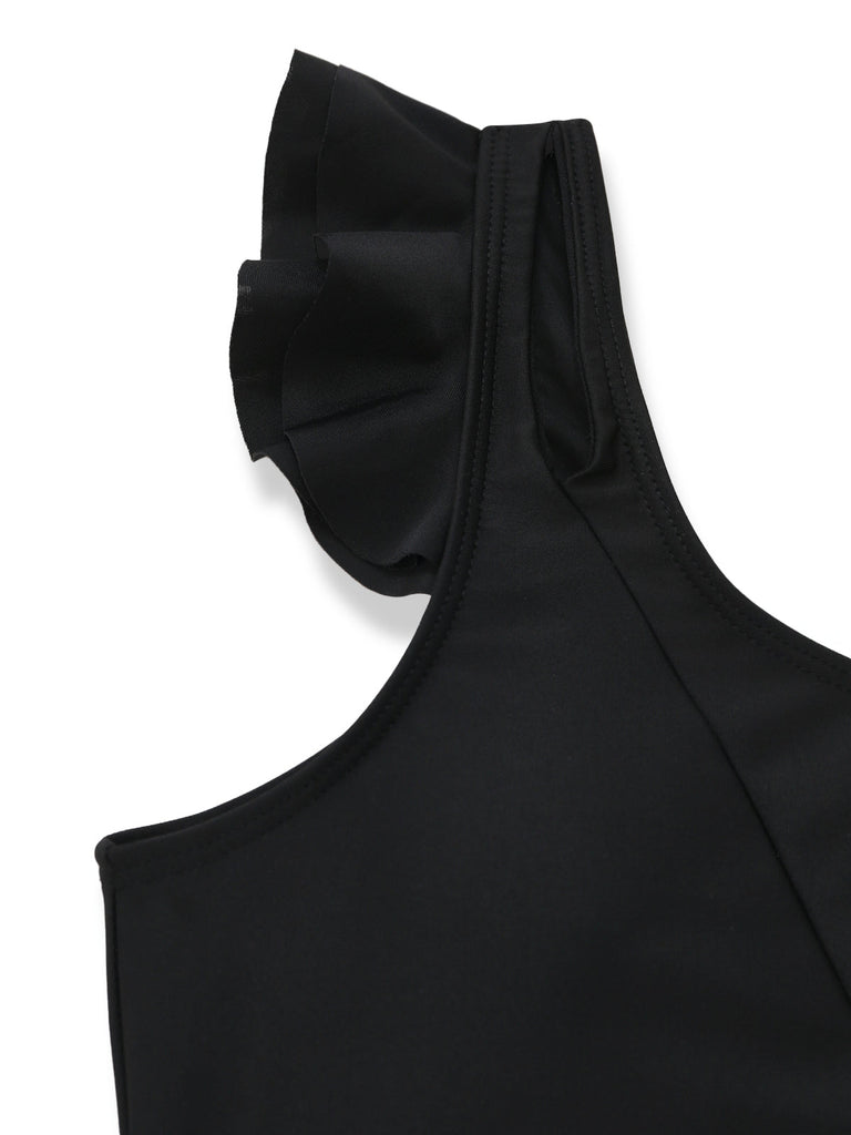 Ensemble Tankini Une Épaule Volant Taille Haute Noir Années 1960 4