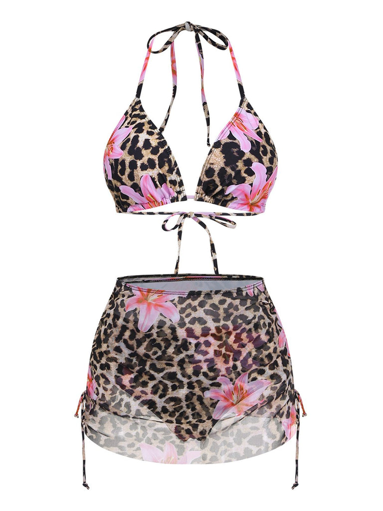 3PCS Ensemble bikini fleuri à imprimé léopard années 1960