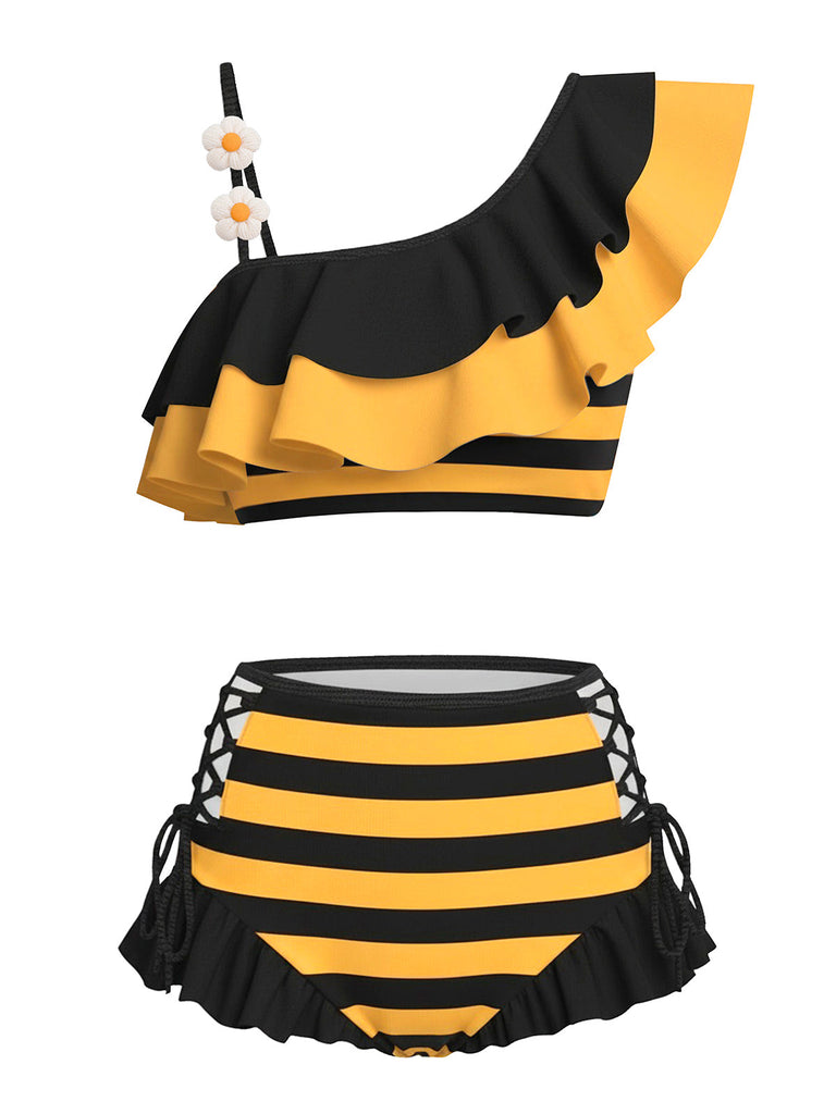 Ensemble bikini à rayures abeilles et volants marguerite 3D années 40
