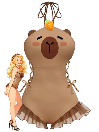 Maillot de bain marron à lacets imprimé capybara années 60
