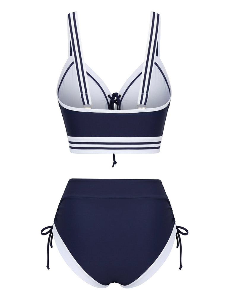 Ensemble bikini à lacets rayé bleu style nautique années 1940