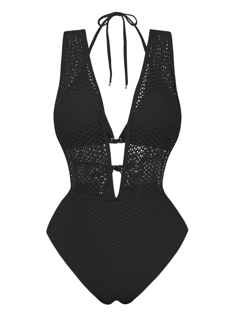 Ensemble maillot de bain dos nu en maille crochetée décolleté en V profond années 1950