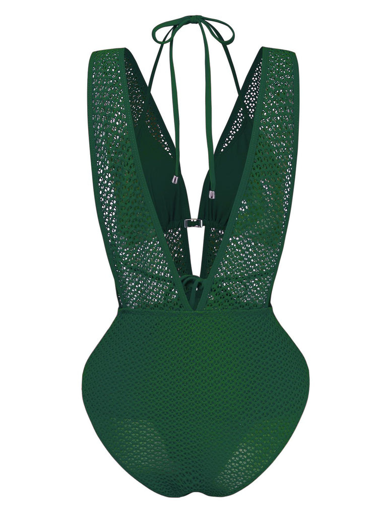 Ensemble maillot de bain dos nu en maille crochetée décolleté en V profond années 1950