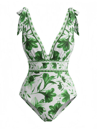 2PCS Maillot de bain vert à fleurs et cache-maillot années 1940