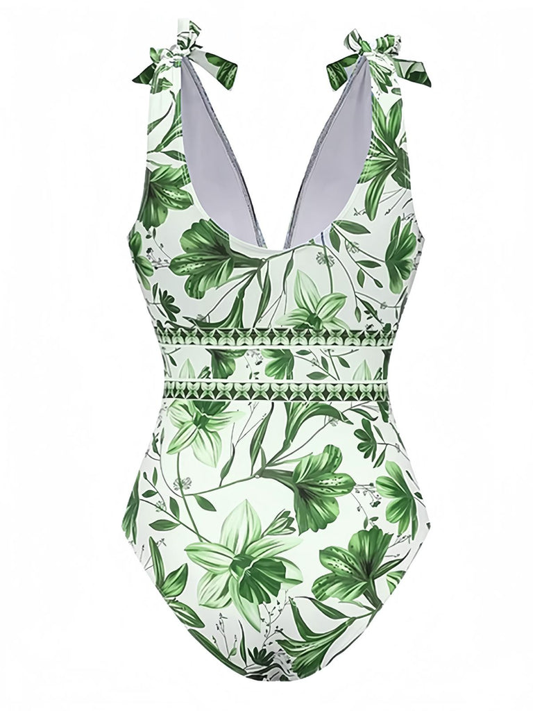 2PCS Maillot de bain vert à fleurs et cache-maillot années 1940