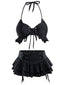 Ensemble bikini noir dos nu avec paréo à volants années 50