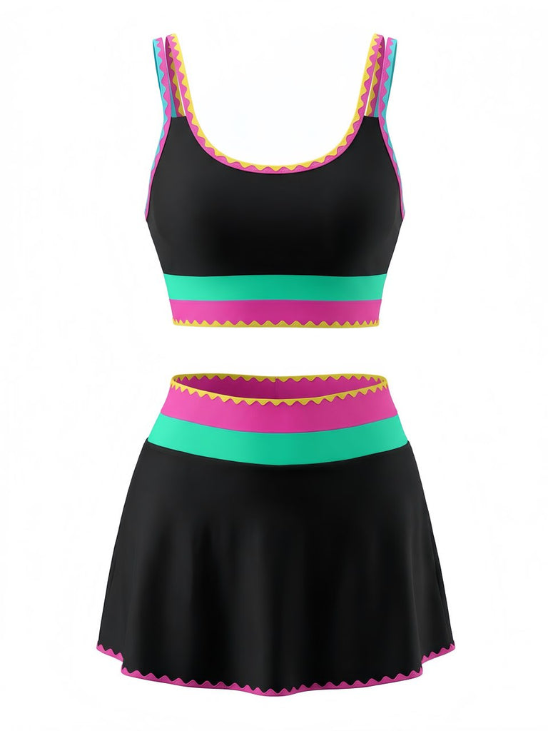 3PCS Contraste de Couleur Zigzag Bordure Ensemble Tankini & Cache-Maillot Années 1950 2