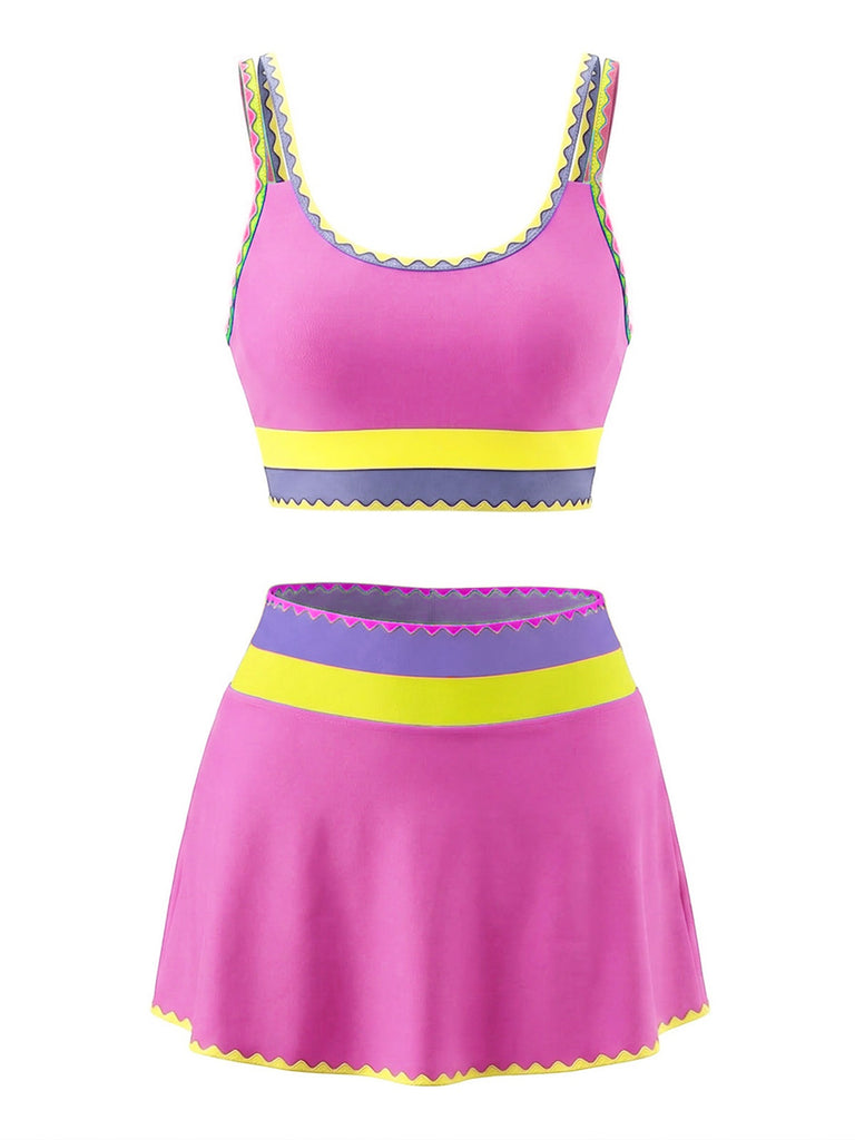 3PCS Ensemble tankini et paréo bordure zigzag contrastée années 1950