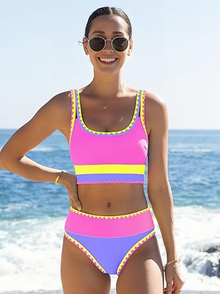 3PCS Ensemble tankini et paréo bordure zigzag contrastée années 1950