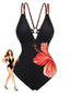 Maillot de bain une pièce noir floral à col V profond années 50