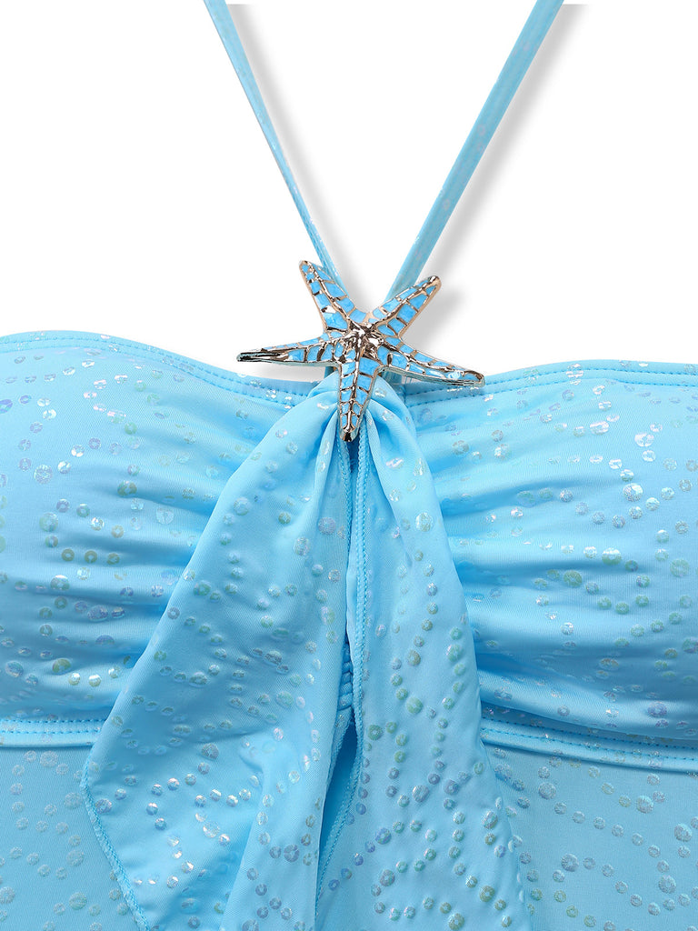 Bleu Ciel Halter Volant Nœud Pailleté Ensemble Tankini Années 1950 3