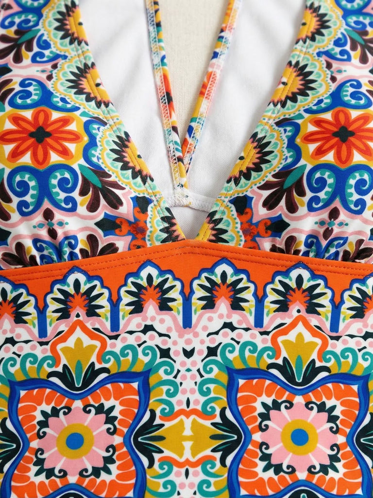 Multicolore Méditerranéen Imprimé Halter Maillot de Bain Une Pièce Années 1930 3