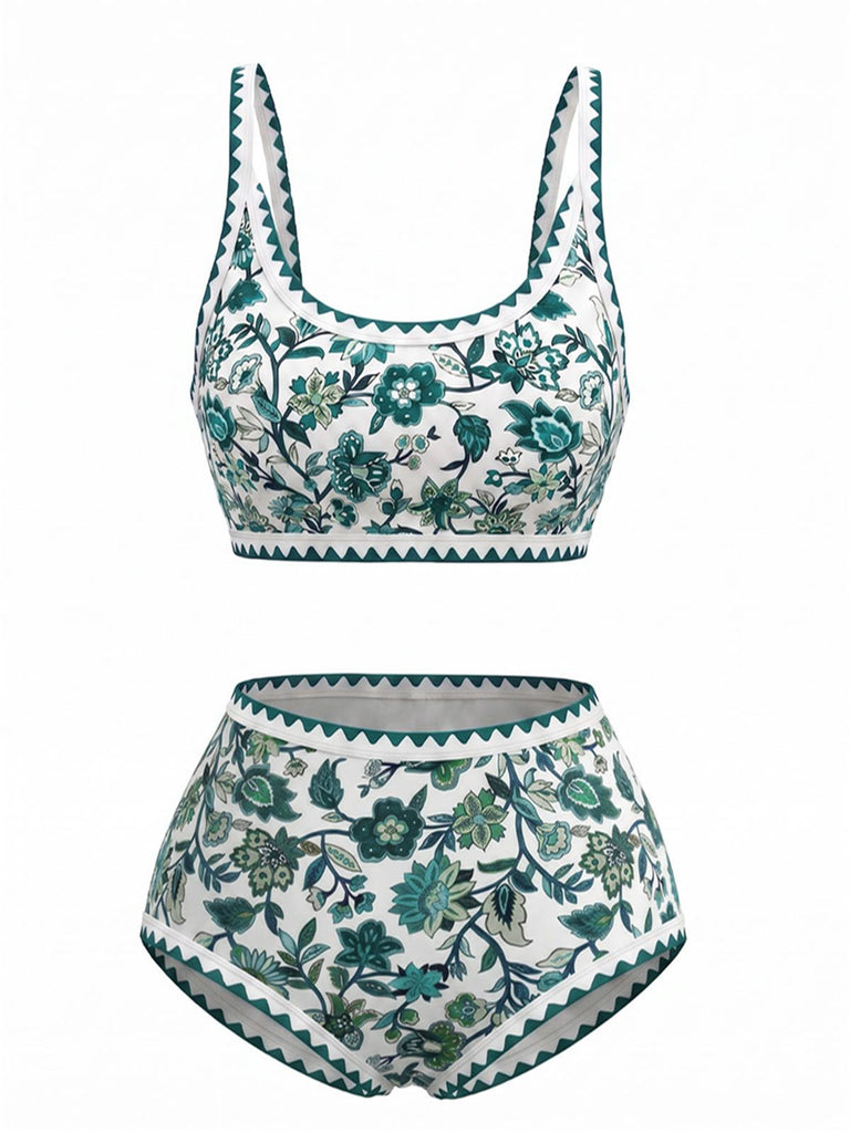 Ensemble Bikini Col Rond Floral Taille Haute Années 1950