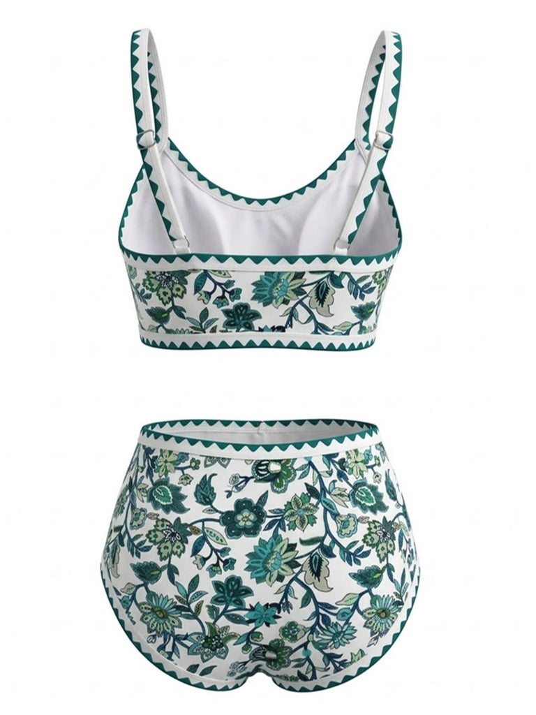 Ensemble Bikini Col Rond Floral Taille Haute Années 1950
