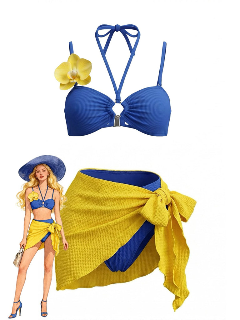 Ensemble Bikini Bleu Orchidée & Paréo Jaune Années 1980