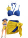 Ensemble Bikini Bleu Orchidée & Paréo Jaune Années 1980
