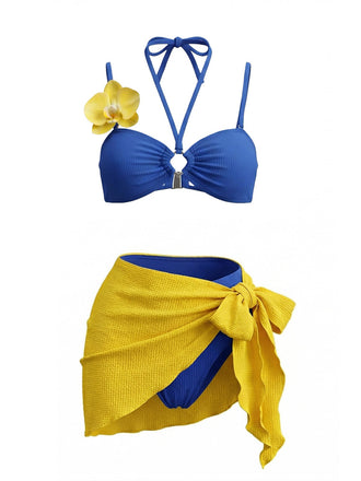 Ensemble Bikini Bleu Orchidée & Paréo Jaune Années 1980