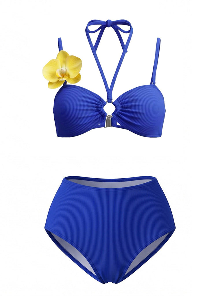Ensemble Bikini Bleu Orchidée & Paréo Jaune Années 1980