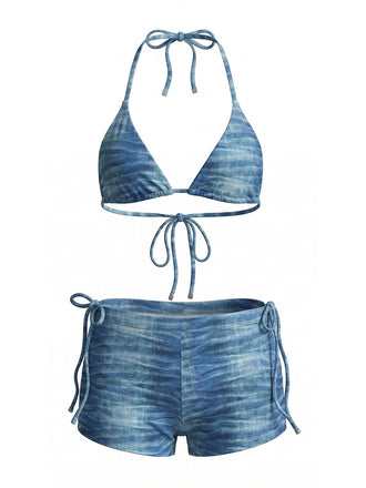 3 Pièces Bleu Clair Denim Plongeant Shorty Ensemble Bikini & Short Années 1980