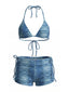 3PCS Ensemble bikini en denim bleu clair et short années 80