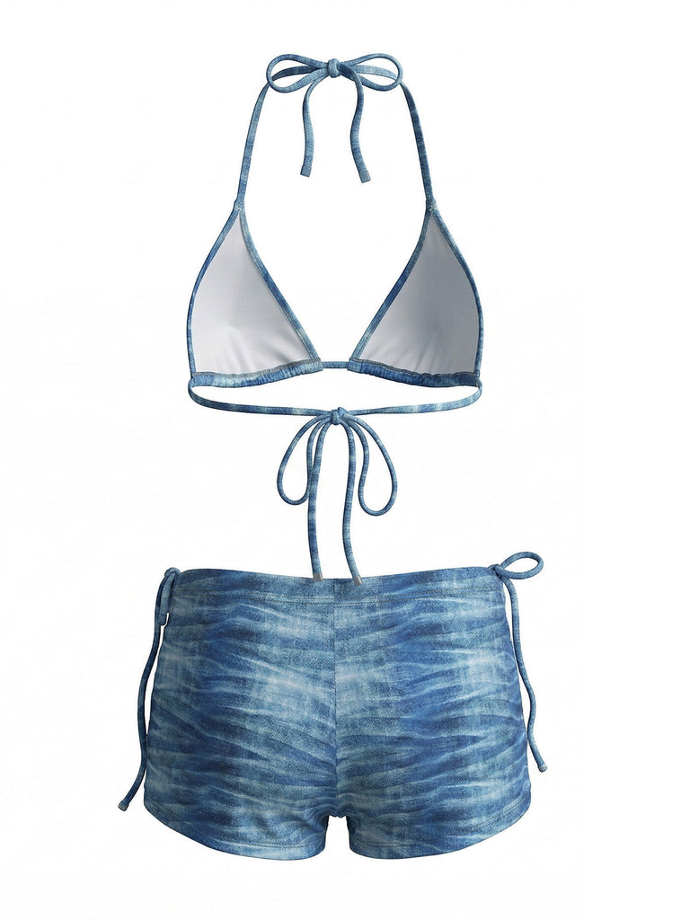 3 Pièces Bleu Clair Denim Plongeant Shorty Ensemble Bikini & Short Années 1980 2
