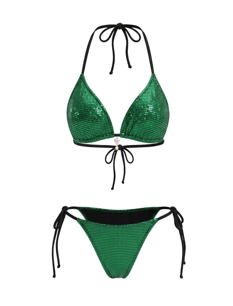Set Bikini Triangle Vert Vif Halter à Paillettes Années '80 2