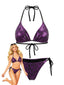 Ensemble bikini violet dos nu effet peau serpent métallisé années 80
