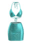 Ensemble bikini turquoise motif peau serpent et haut dos nu années 80