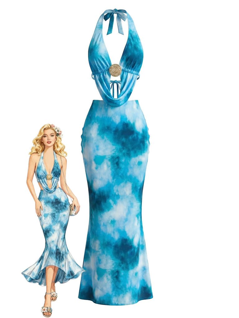 Robe Cache Maillot Longue Bleu Ciel Tie-Dye Halter à Découpes et Dos Nu Années '80