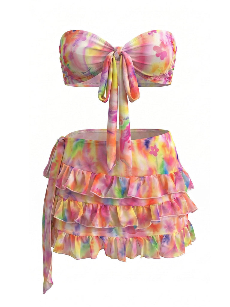 Rose Tie-Dye Floral Ensemble Bikini & Cache-Maillot Années 1980
