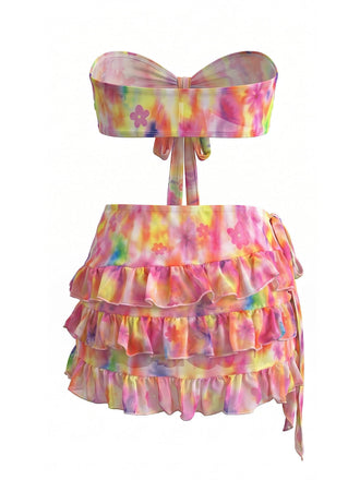 Rose Tie-Dye Floral Ensemble Bikini & Cache-Maillot Années 1980 2