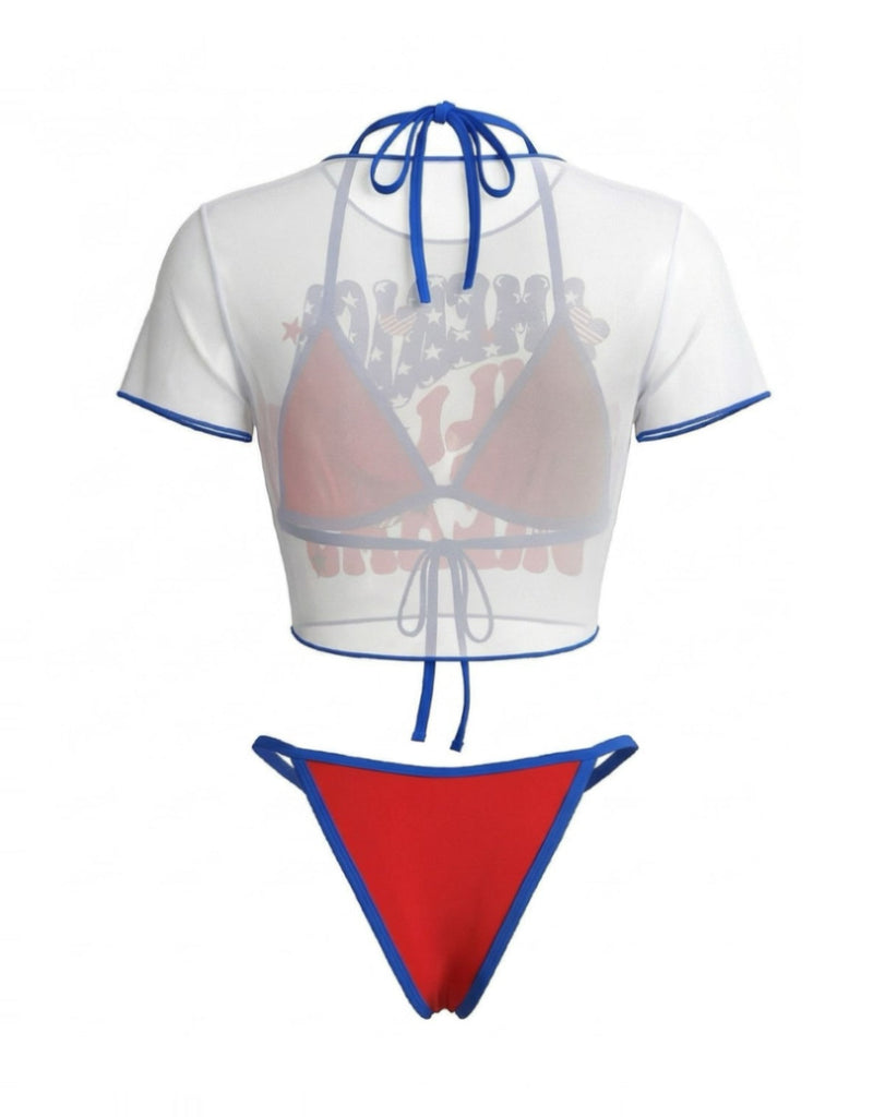 3PCS Set Bikini avec Crop Top en Résille Imprimé Patriotique Années '80 5