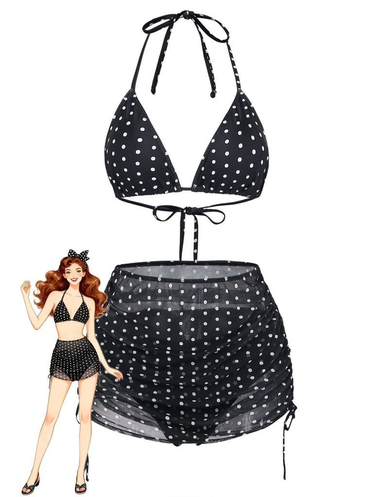Noir à Pois Halter Ensemble Bikini & Cache-Maillot Années 1950