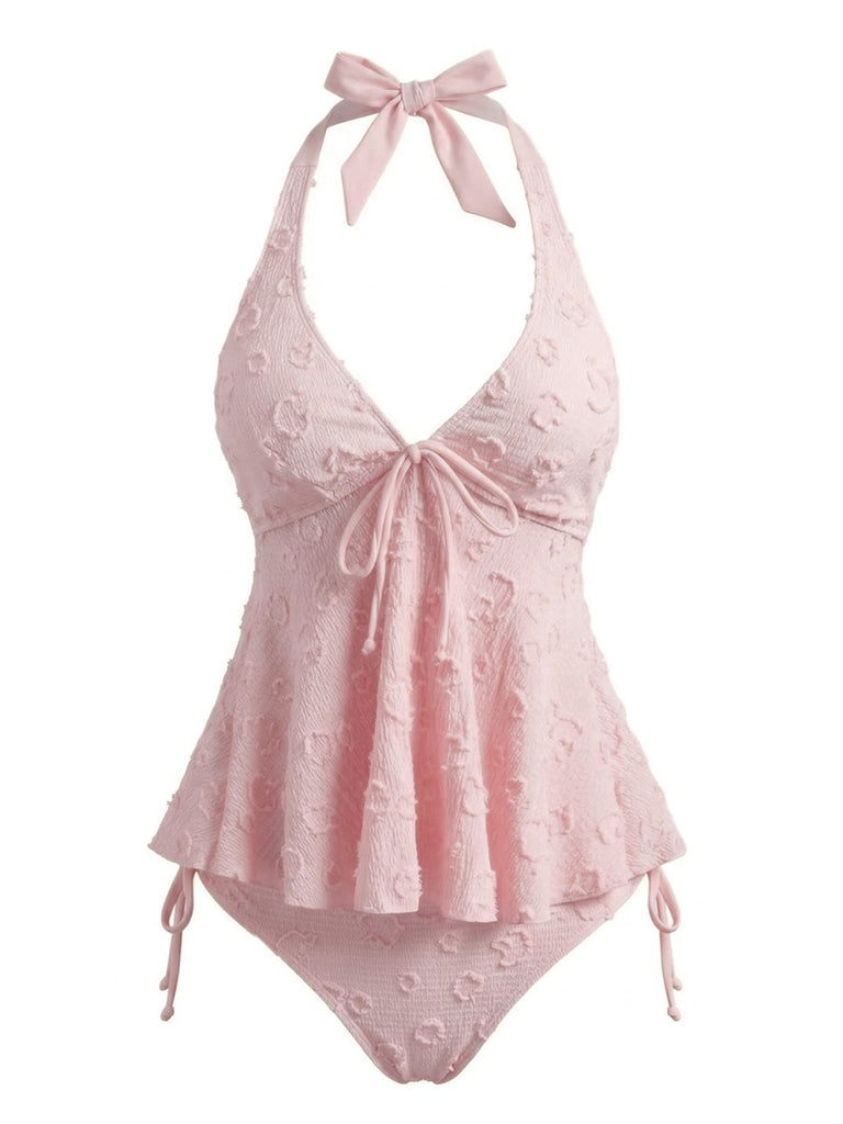 Ensemble tankini halter en V profond floral texturé années 1950