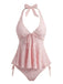 Ensemble tankini halter en V profond floral texturé années 1950
